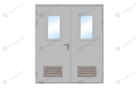 Двустворчатая дверь со стеклом и вентрешеткой RAL 7035